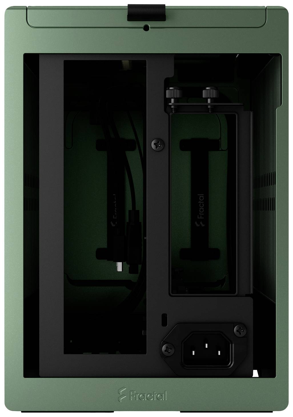 Boîtier d'ordinateur vert avec un cadre intérieur noir, des supports de câbles apparents et une prise secteur.