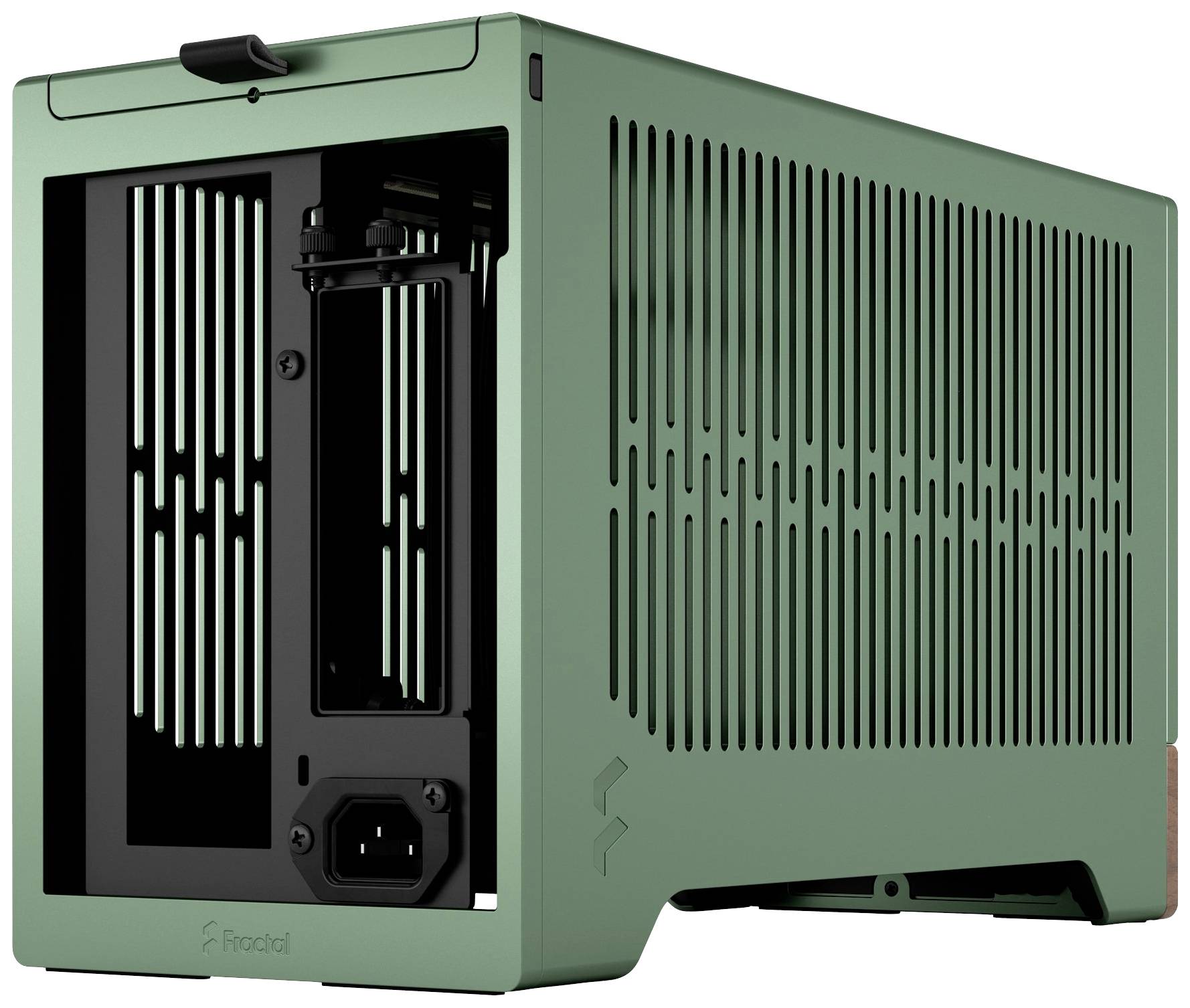 Petit boîtier d'ordinateur rectangulaire vert avec des fentes de ventilation et des ports à l'arrière. Design moderne et minimaliste.