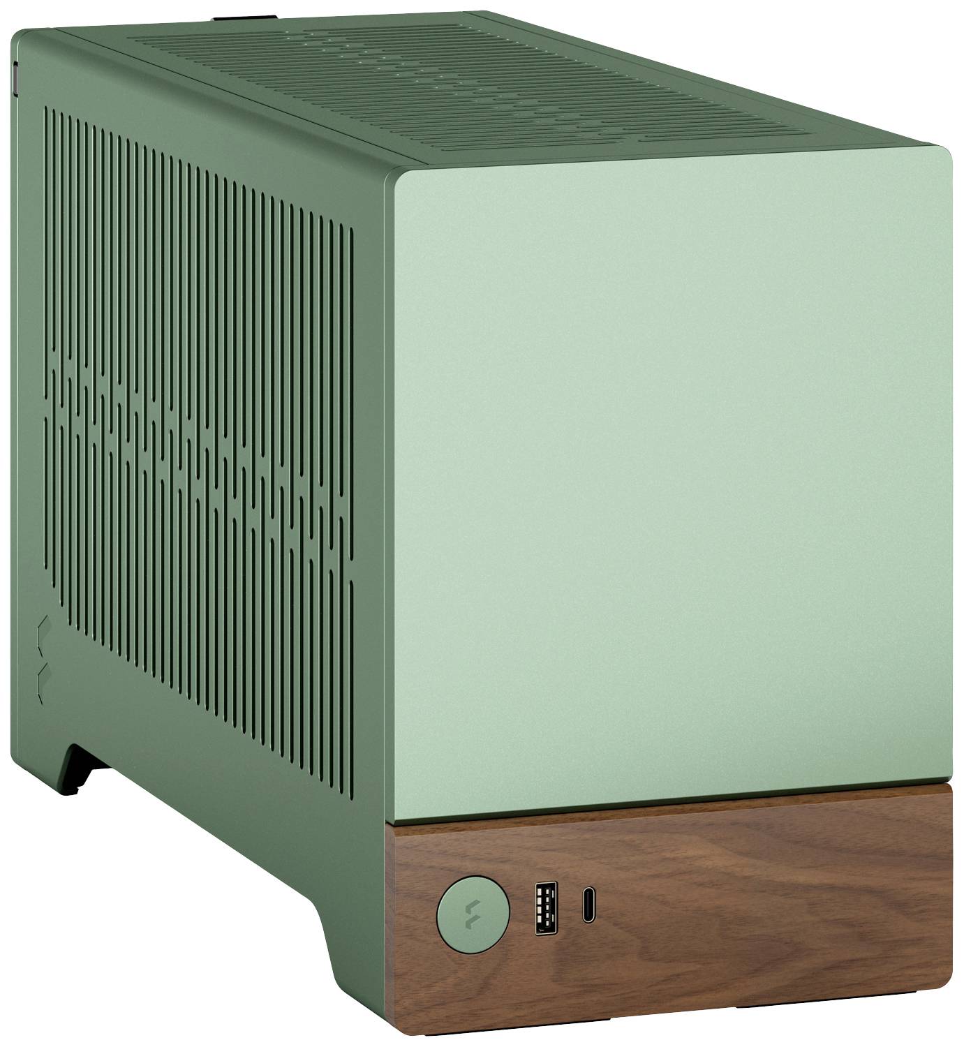 Boîtier d'ordinateur vert avec détail en bois sur la façade. Comprend un port USB et un bouton d'alimentation rond en bas à droite.