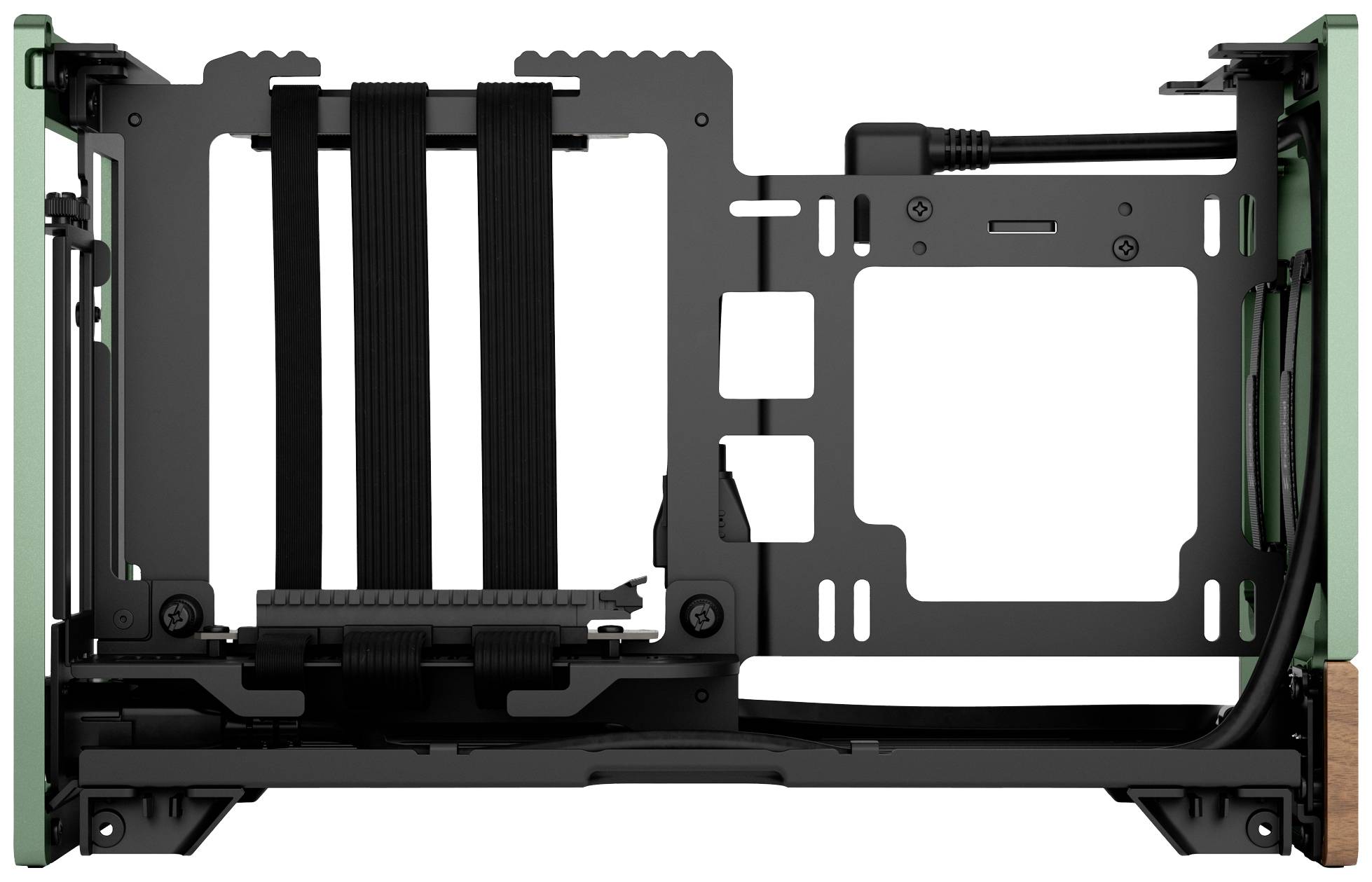 Intérieur d'un boîtier d'ordinateur sans composants principaux, montrant la structure pour la carte mère et le routage des câbles.