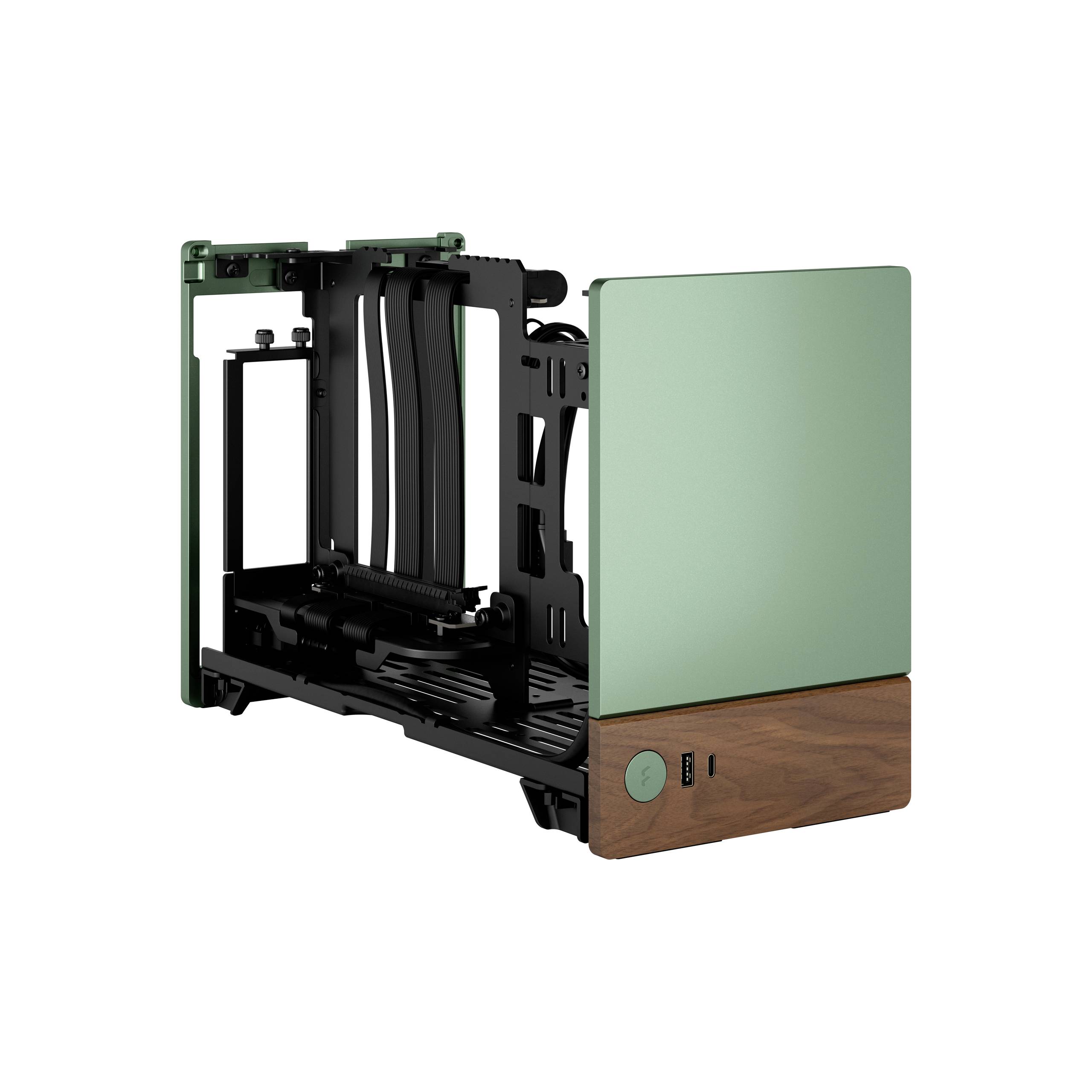 Boîtier PC vert au design ouvert, avec des détails en bois et des ports USB à l'avant. Idéal pour des configurations PC personnalisées.