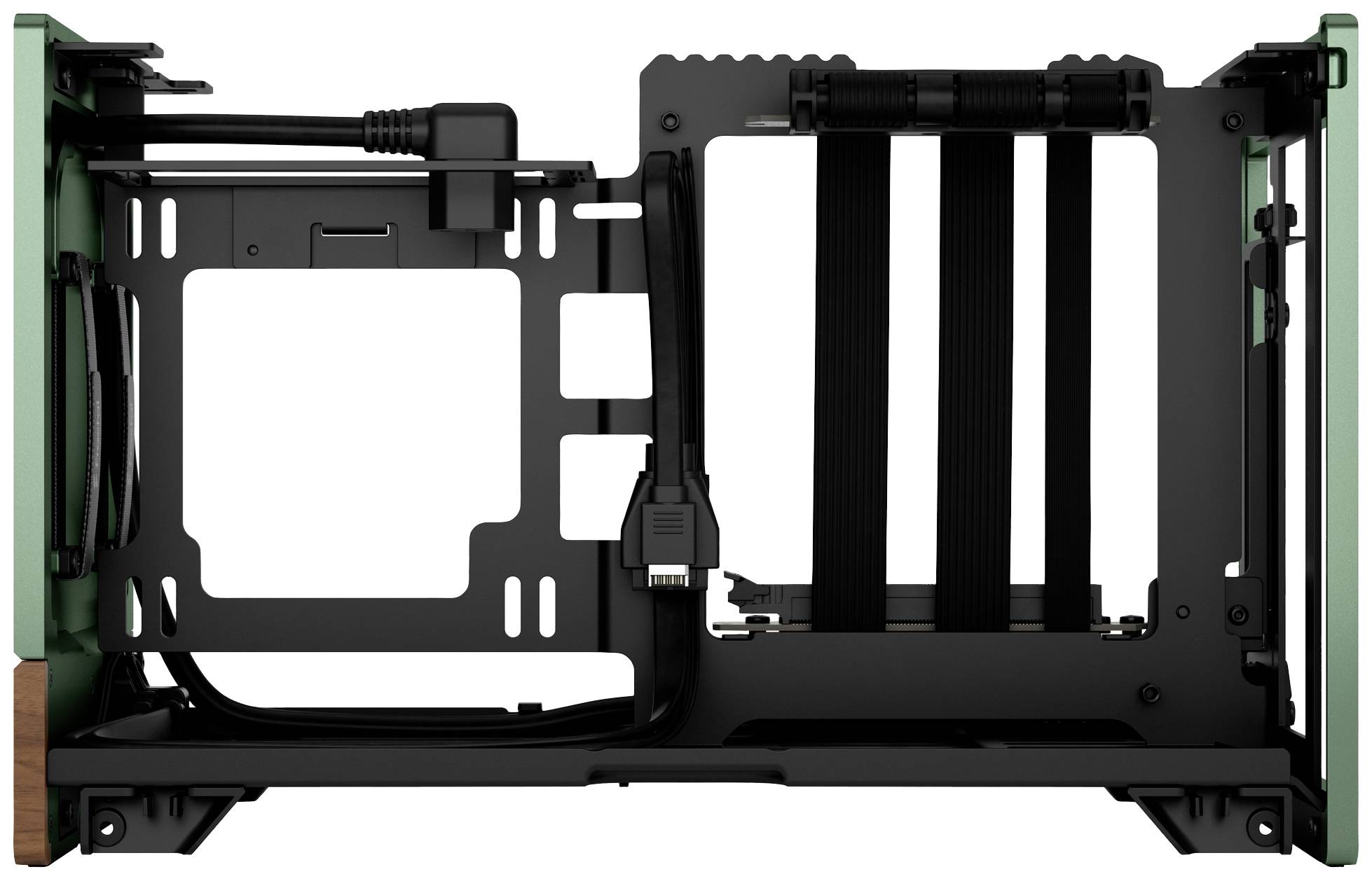 Un boîtier d'ordinateur ouvert avec une organisation de câbles visible et des supports. Des connecteurs pour les câbles d'alimentation et de données sont disposés sur les côtés gauche et droit.