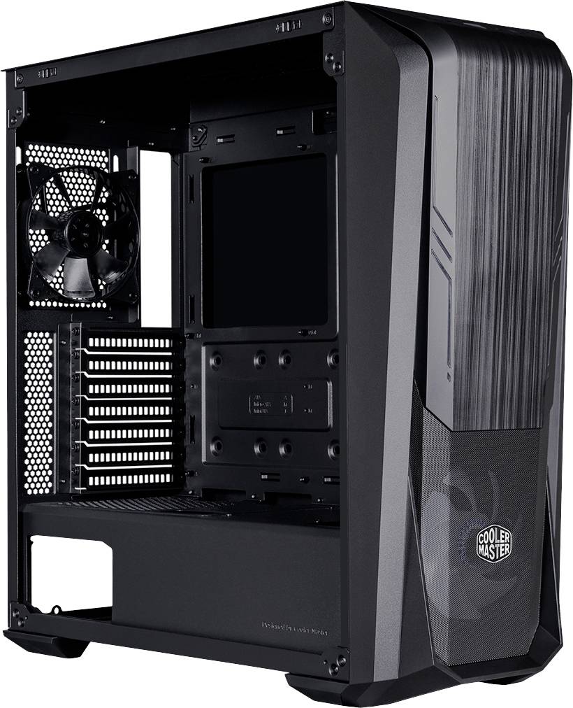 Un boîtier d'ordinateur noir de Cooler Master, ouvert, avec des emplacements de ventilateurs visibles et des emplacements d'extension.