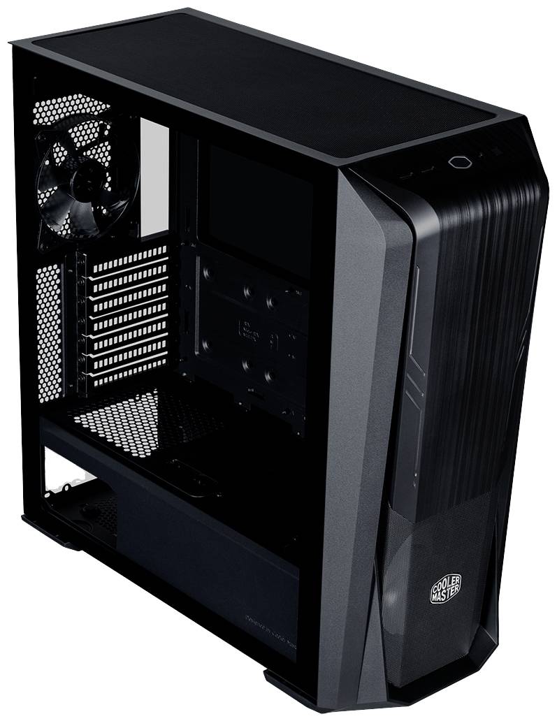 Boîtier d'ordinateur noir avec ventilateurs et panneaux latéraux ouverts, adapté pour l'assemblage d'un PC.