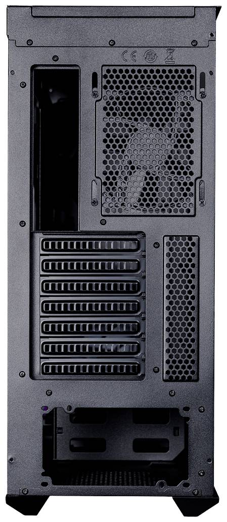 Arrière d'un boîtier d'ordinateur avec grille de ventilation, plusieurs emplacements PCI et espace prévu pour l'alimentation électrique en bas.