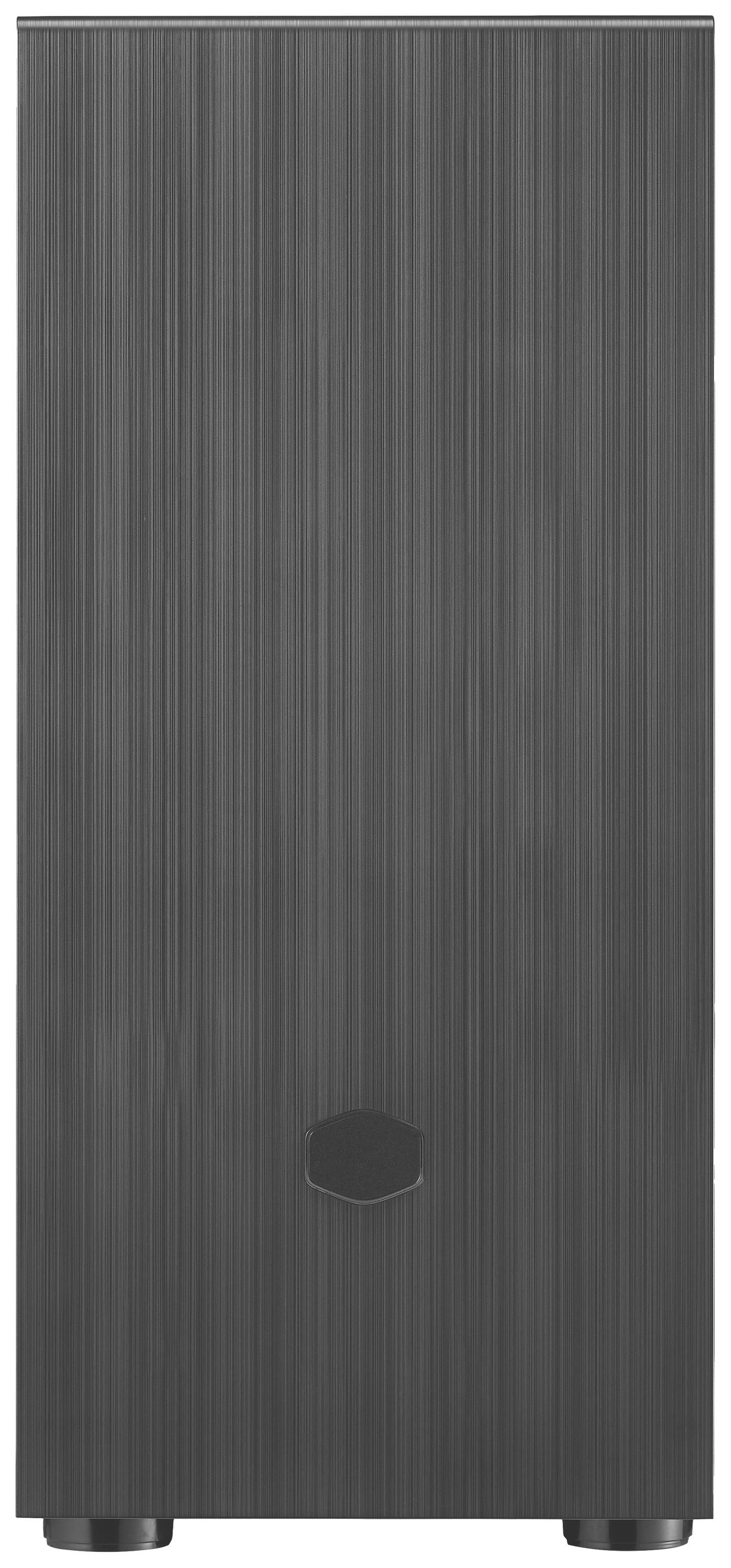 Un boîtier métallique rectangulaire vertical avec des lignes verticales fines et un petit emblème hexagonal en bas.