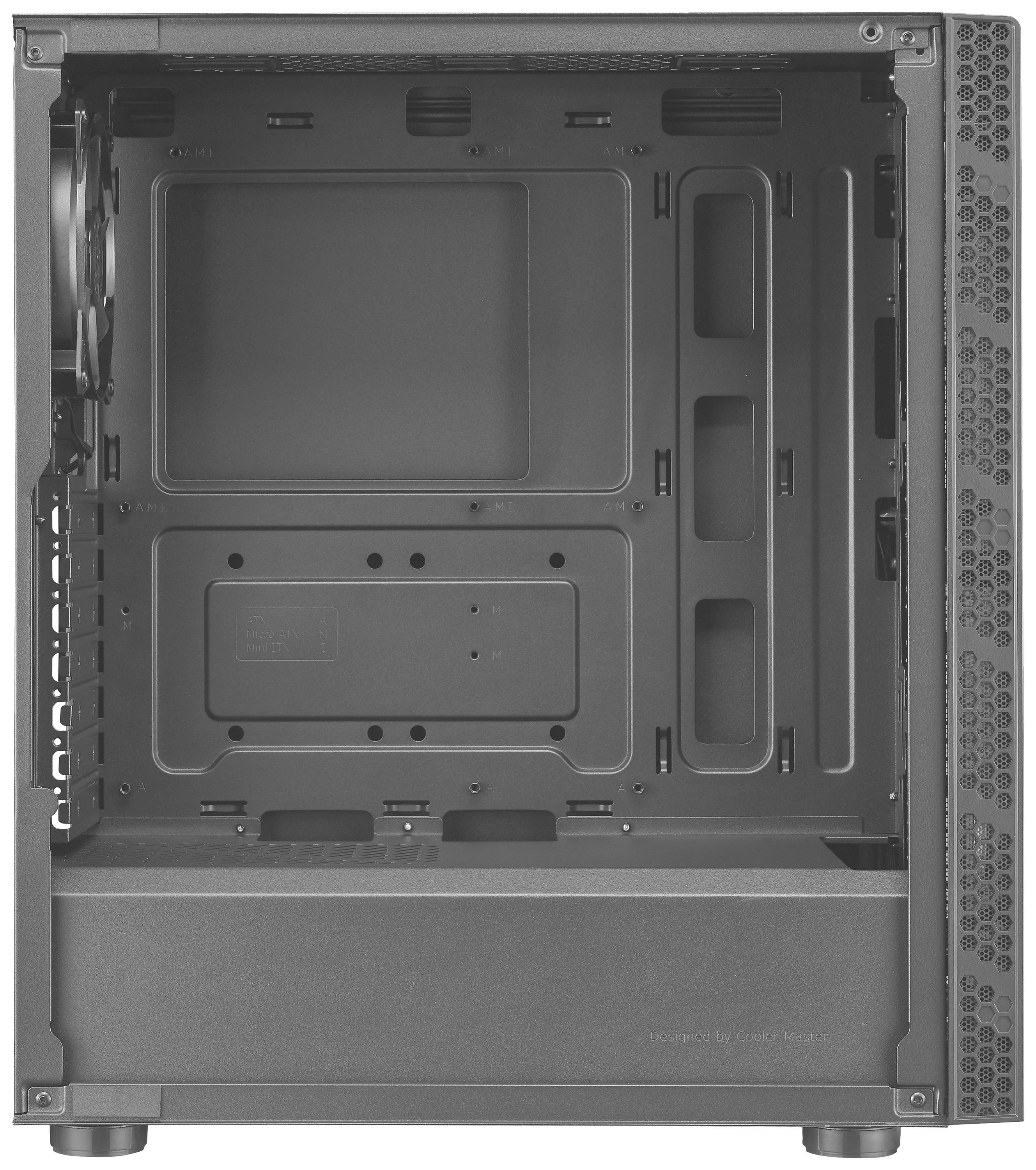 Boîtier d'ordinateur noir ouvert et vide, montrant les supports et l'espace pour l'installation des composants.
