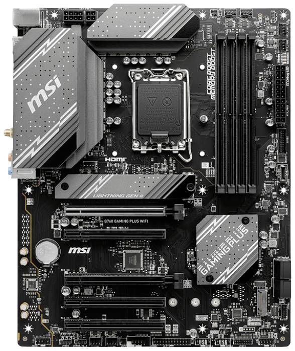 Carte mère d'ordinateur avec différentes emplacements et connexions. Le nom de la marque est visible. Adaptée à la construction d'un PC gaming.