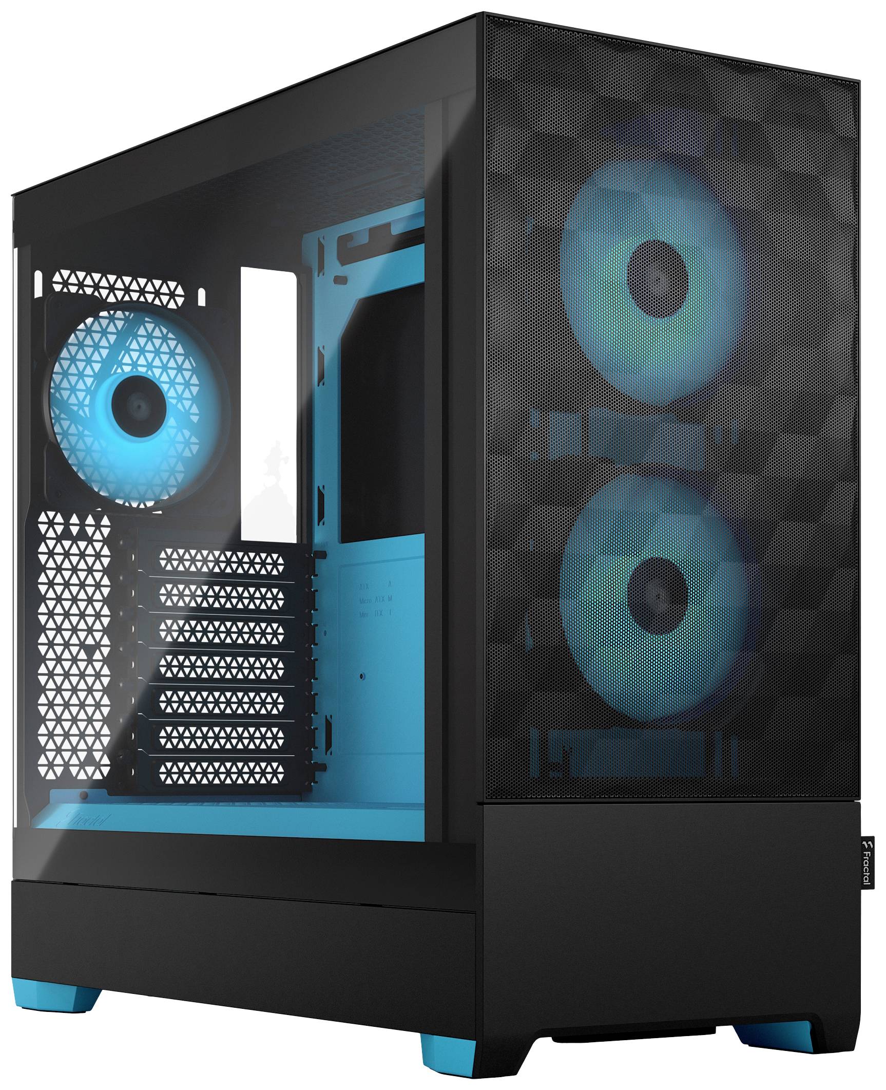 Boîtier d'ordinateur noir avec un panneau latéral transparent révélant des ventilateurs LED bleus à l'intérieur, conçu pour le gaming ou des projets de construction de PC haute performance.