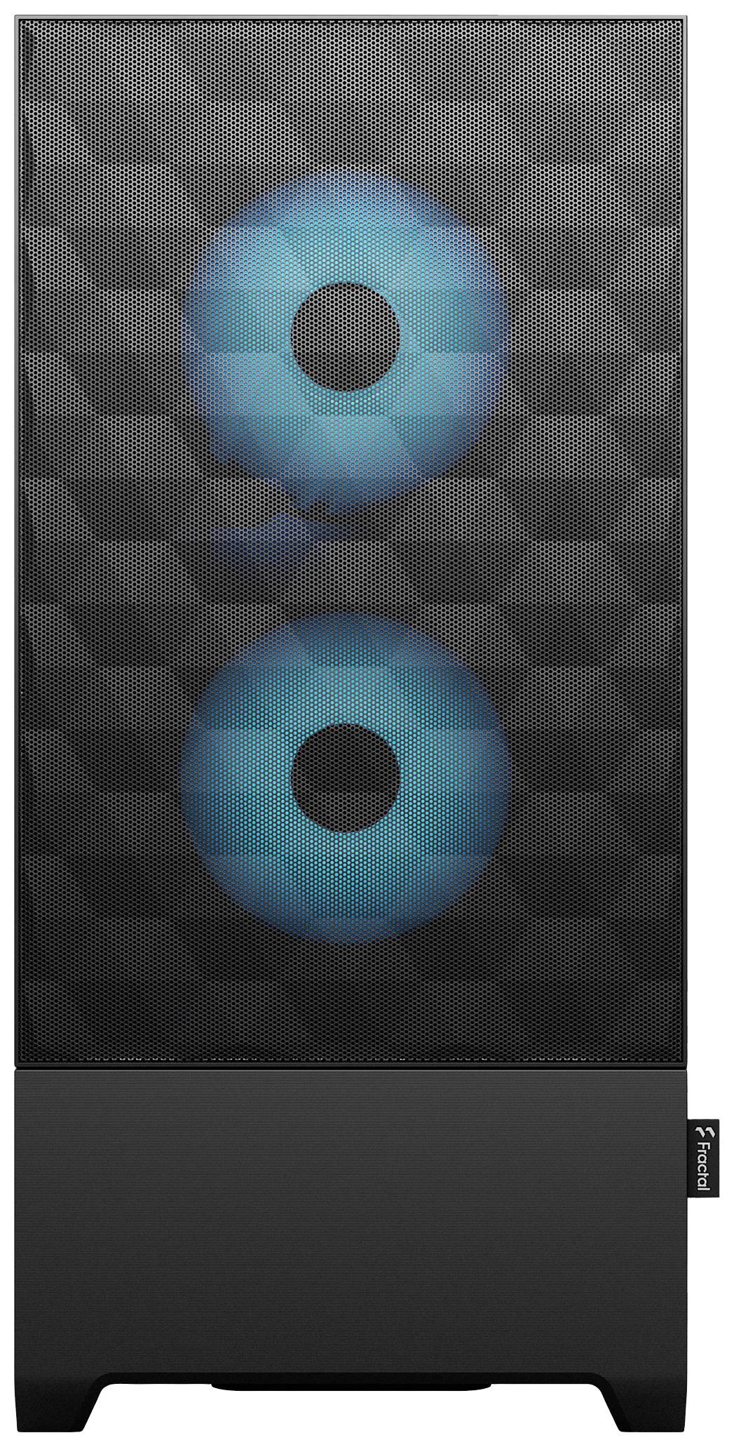 Un système de haut-parleurs noir avec deux accents circulaires bleu lumineux dans sa moitié supérieure. Design minimaliste.