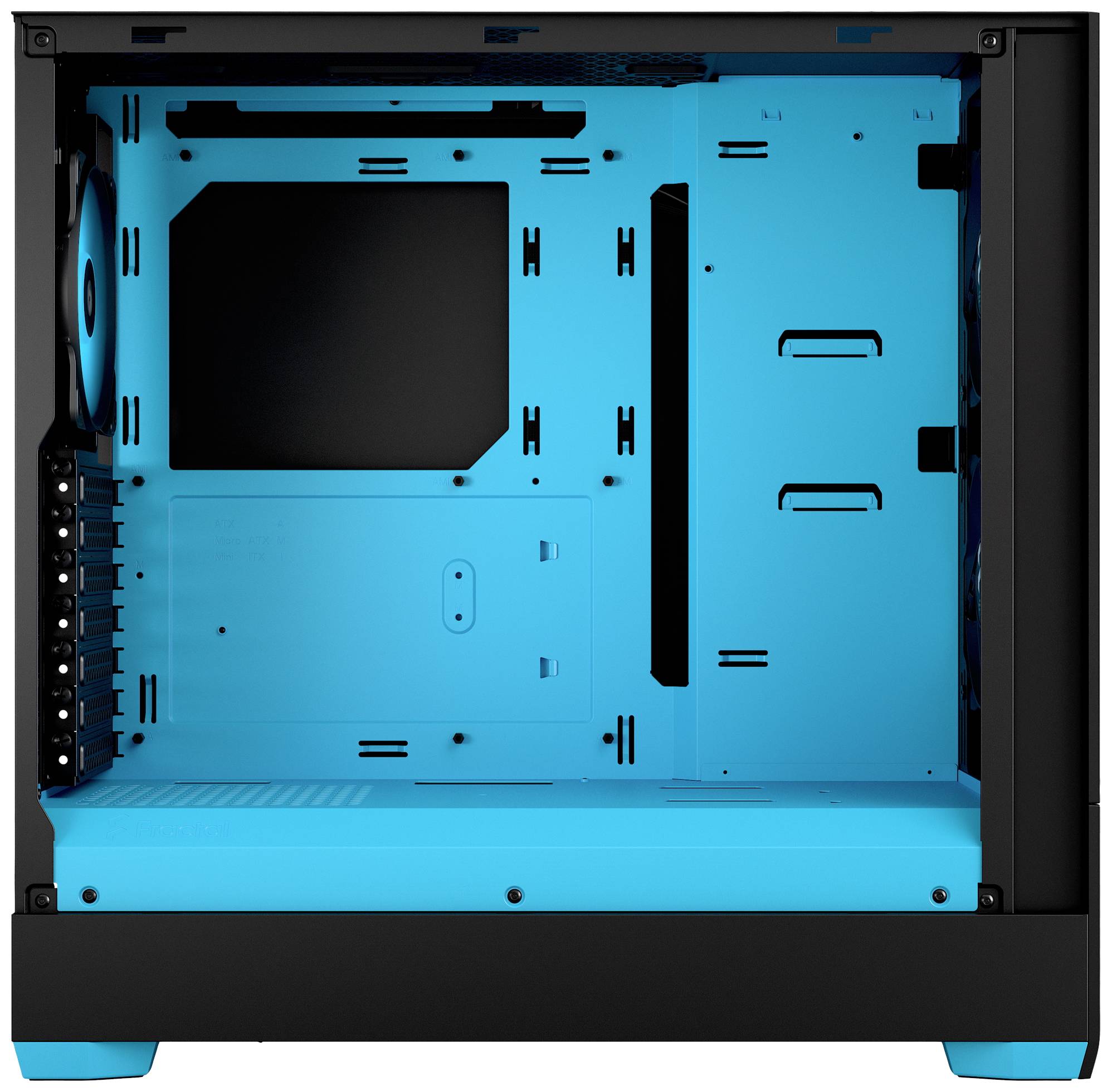Boîtier d'ordinateur noir avec un intérieur bleu clair. Le côté gauche présente une ouverture de ventilation, tandis que le côté droit offre de l'espace pour des accessoires supplémentaires.