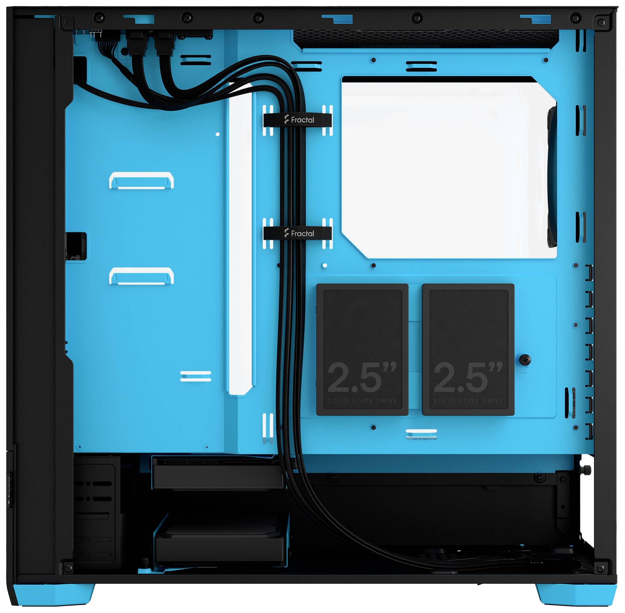 Boîtier d'ordinateur noir avec un panneau latéral ouvert, montrant un habillage intérieur bleu clair, une gestion des câbles soignée et deux supports de disques de 2,5 pouces.