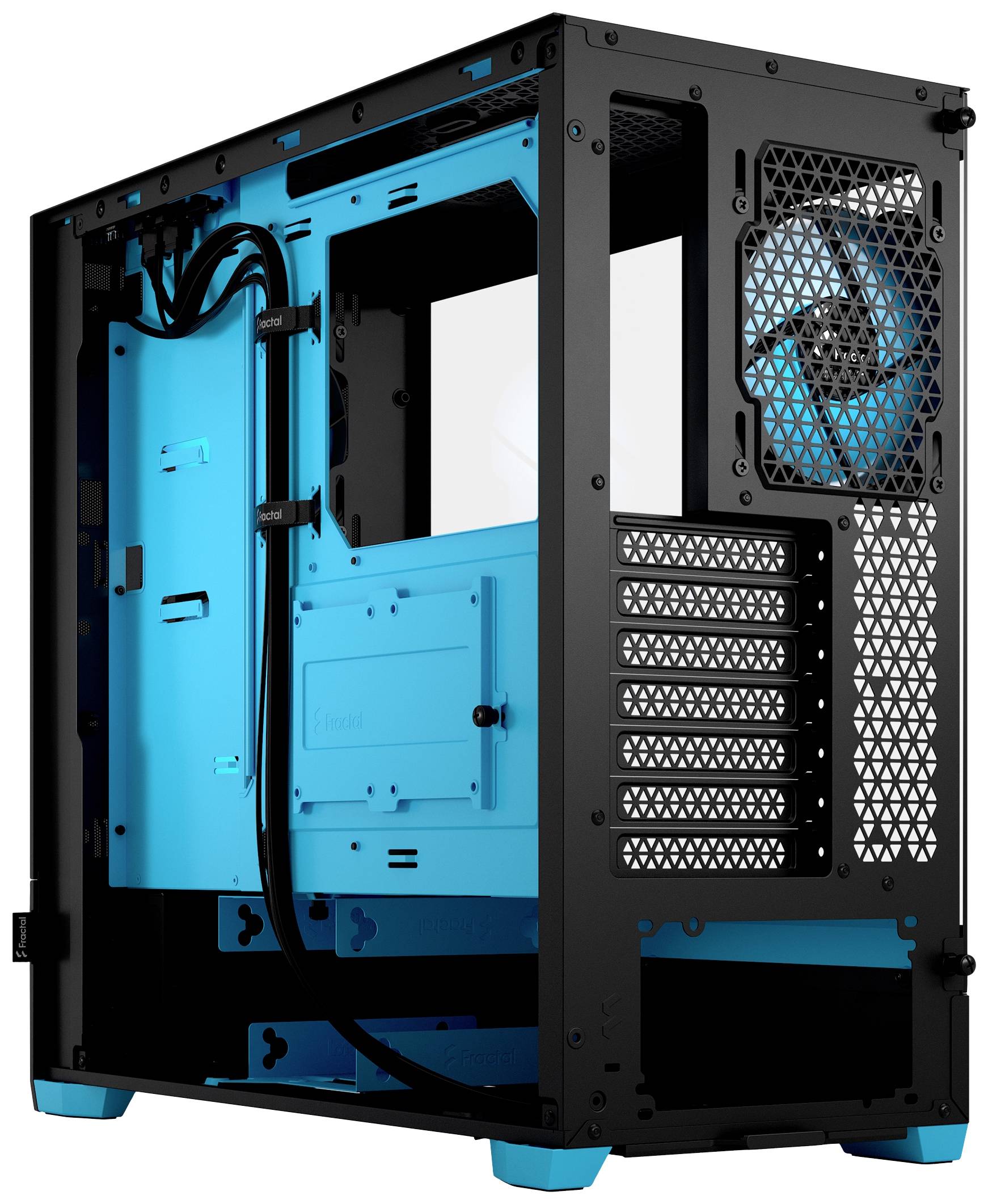 Un boîtier d'ordinateur ouvert en noir et bleu avec des ventilateurs et des câbles visibles, prêt pour l'installation de composants.