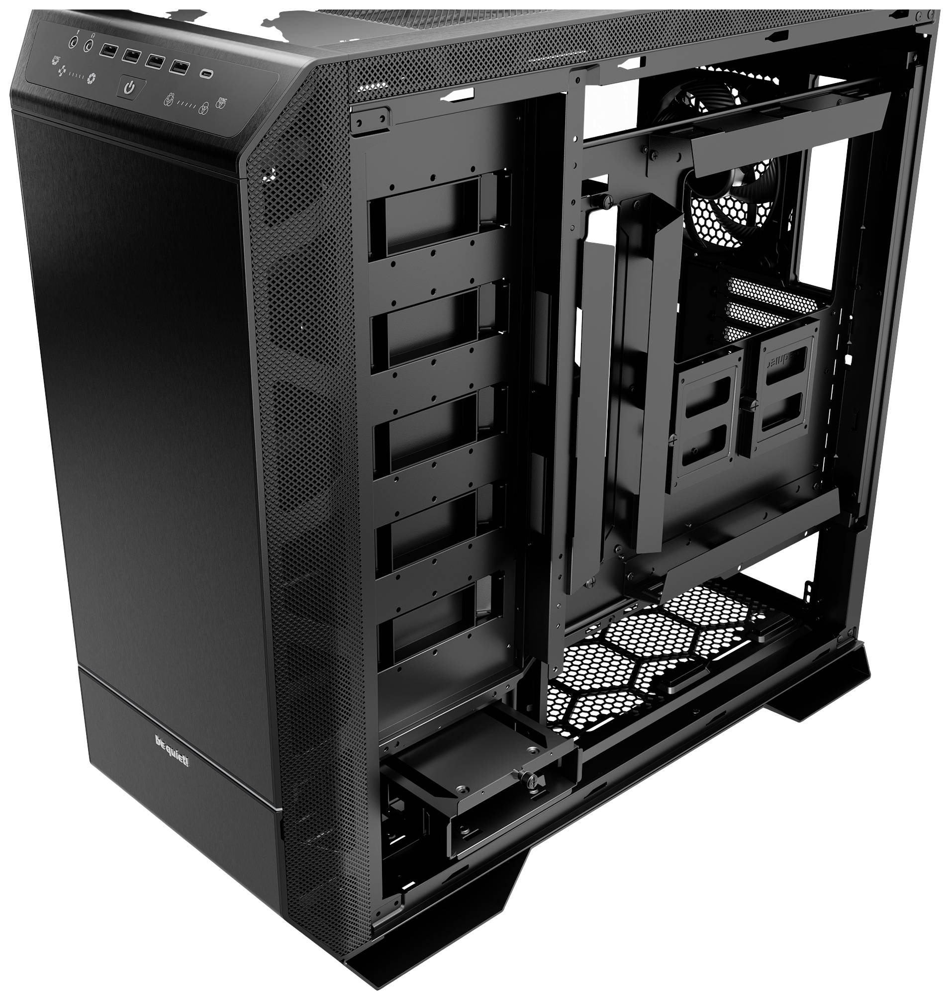 Un boîtier d'ordinateur noir ouvert avec plusieurs baies de lecteurs et supports de ventilateurs. Idéal pour une configuration PC personnalisée.