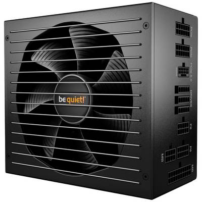 Un bloc d'alimentation PC noir de la marque 'be quiet!' avec une grille de ventilateur et plusieurs connecteurs pour différents types de câbles sur le côté.