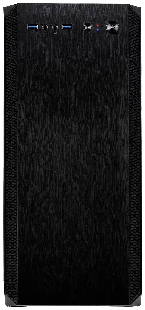 Vue avant d'un boîtier d'ordinateur noir avec des ports USB et d'autres éléments de commande en haut.