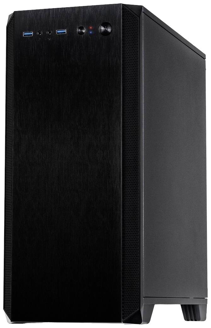 Un boîtier d'ordinateur noir avec des ports USB et des voyants LED à l'avant, posé sur une surface plane.