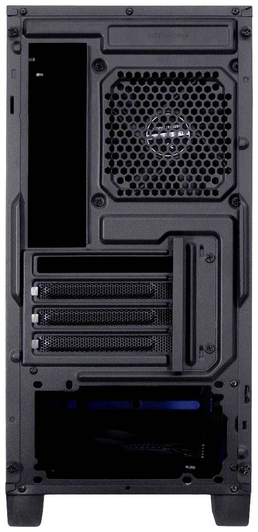 Dos d'un boîtier d'ordinateur avec grille de ventilation et emplacements d'extension, montrant les connexions et la sortie d'air pour le refroidissement.