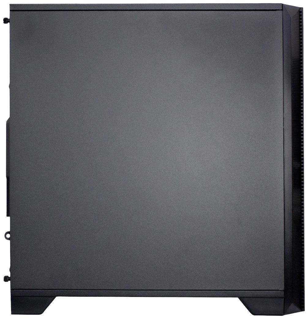 Boîtier d'ordinateur noir vu de côté, sans marques ou logos reconnaissables.