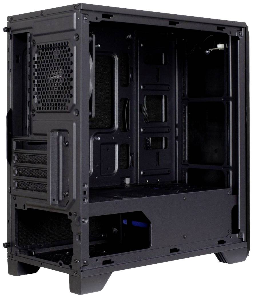 Boîtier d'ordinateur noir ouvert. Des baies de lecteurs, des grilles de ventilation et des zones de gestion des câbles sont visibles. Le boîtier repose sur des pieds.