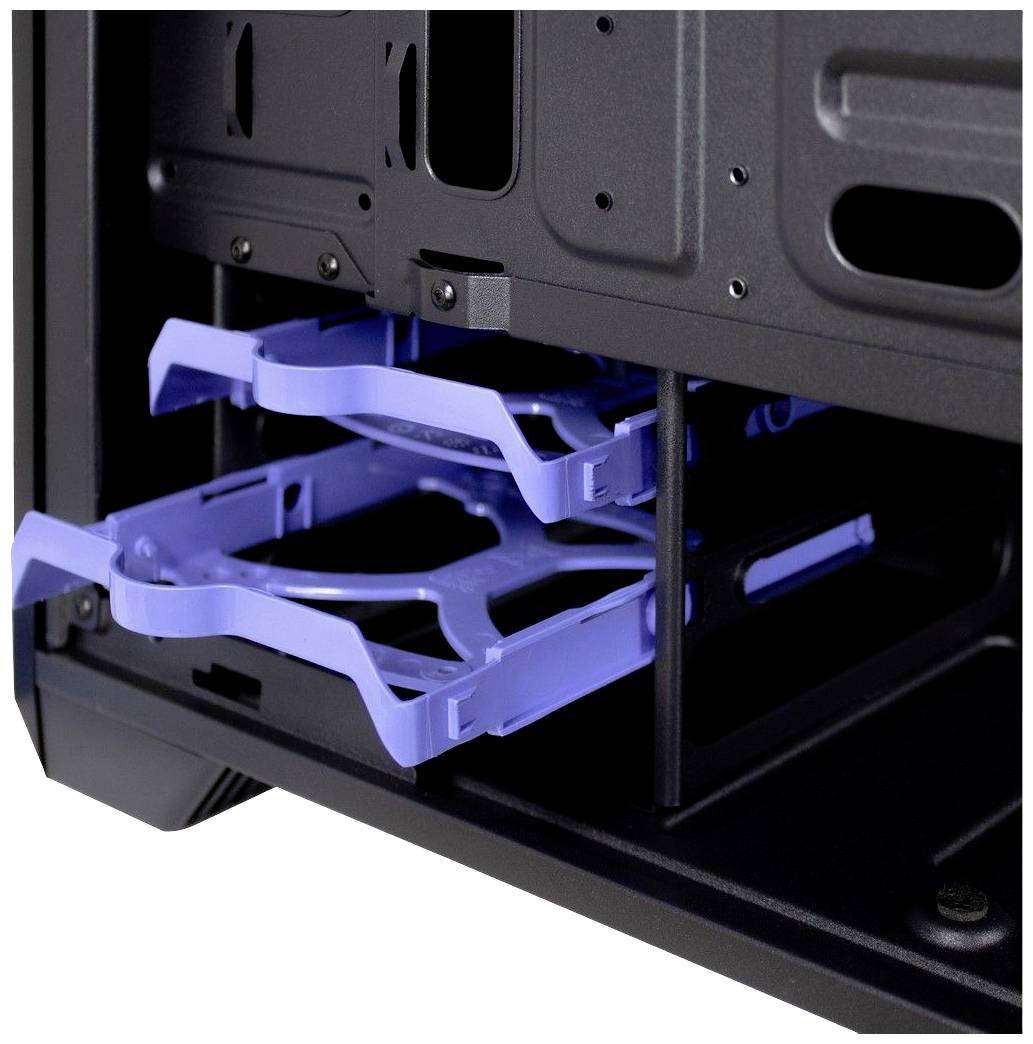 Deux baies de disques durs ouvertes avec des supports bleus dans un boîtier d'ordinateur. Elles sont prêtes à accueillir des lecteurs.