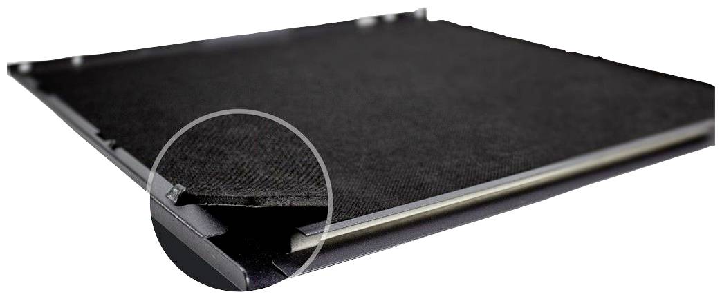 Tapis de sol noir avec insert grossissant montrant la structure et la texture du bord du tapis.