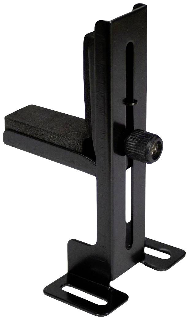 Support noir en métal à angle réglable, équipé d'un mécanisme coulissant et d'une vis pour l'ajustement de la hauteur sur une surface plane.