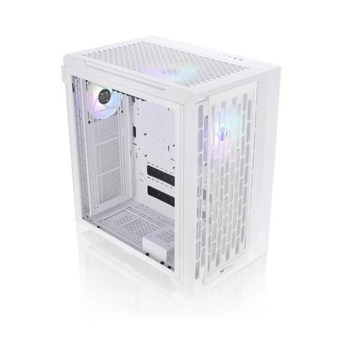 Un boîtier d'ordinateur blanc avec un côté transparent, montrant l'intérieur avec des ventilateurs RGB installés.