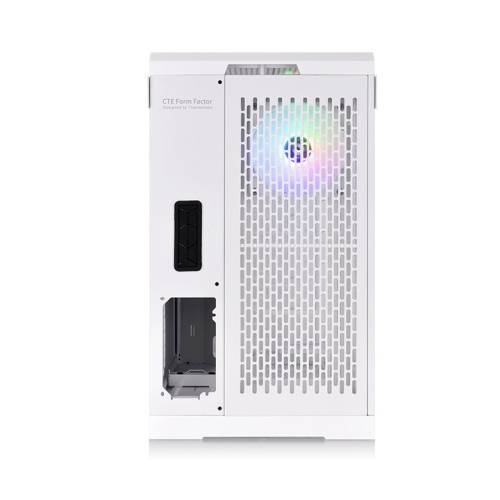 Un boîtier d'ordinateur blanc avec un ventilateur qui s'illumine dans différentes couleurs, présentant une vue frontale moderne et fonctionnelle.