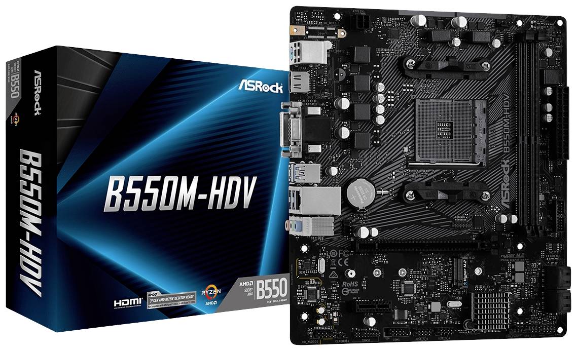 Carte mère ASRock B550M-HDV à côté de son emballage. Design noir avec divers ports et puces. Le carton présente le nom du produit et le logo du fabricant.