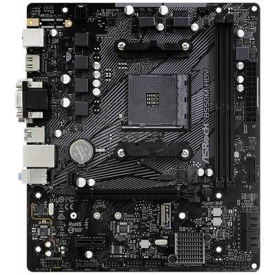 Une carte mère d'ordinateur avec un circuit imprimé noir, présentant différentes interfaces et composants. Le logo 'ASRock B550M-HDV' est clairement visible.