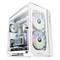 Un PC gaming blanc avec un boîtier transparent révèle des ventilateurs éclairés et des composants de refroidissement liquide.