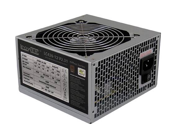 Bloc d'alimentation LC420-12 V2.31 avec grille de ventilation sur le dessus, un interrupteur marche/arrêt et des connexions à l'arrière.