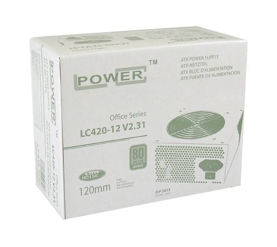 Emballage blanc d'une unité d'alimentation PC de la marque Power, modèle LC420-12 V2.31, certifiée 80 Plus Bronze.