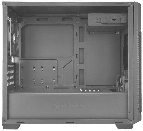 Un boîtier d'ordinateur ouvert avec des ventilateurs, des supports de disque dur et des baies d'extension. Le nom de marque 'Sharkoon' est visible sur le devant.