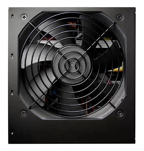 Un bloc d'alimentation noir pour ordinateur avec un ventilateur visible au premier plan.