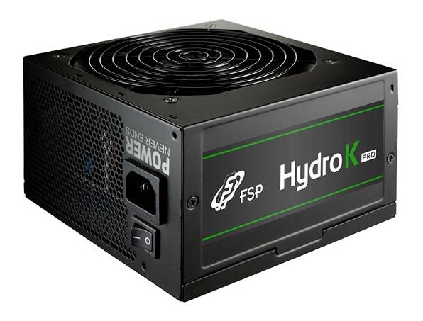 Bloc d'alimentation noir pour ordinateur avec l'inscription verte 'FSP Hydro K Pro'. À l'arrière se trouvent un ventilateur et un interrupteur d'alimentation.