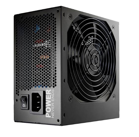 Bloc d'alimentation d'ordinateur noir avec ventilateur et inscription 'Power Never Ends'.