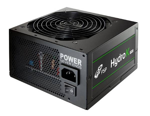 Un bloc d'alimentation PC noir avec un ventilateur en haut et l'inscription 'POWER NEVER ENDS' et 'Hydro K Pro' sur le côté.