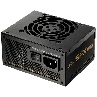 Un bloc d'alimentation noir pour ordinateur avec ventilateur et connecteur réseau à l'arrière, portant la mention 'SFX PRO'.