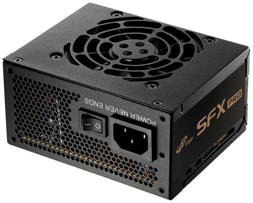 Bloc d'alimentation SFX noir avec ventilateur, interrupteurs et connecteur d'alimentation.