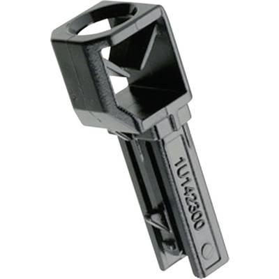 Une pièce en plastique noir portant l'inscription '1U145300'. Elle a une forme rectangulaire avec une section transversale triangulaire ouverte.