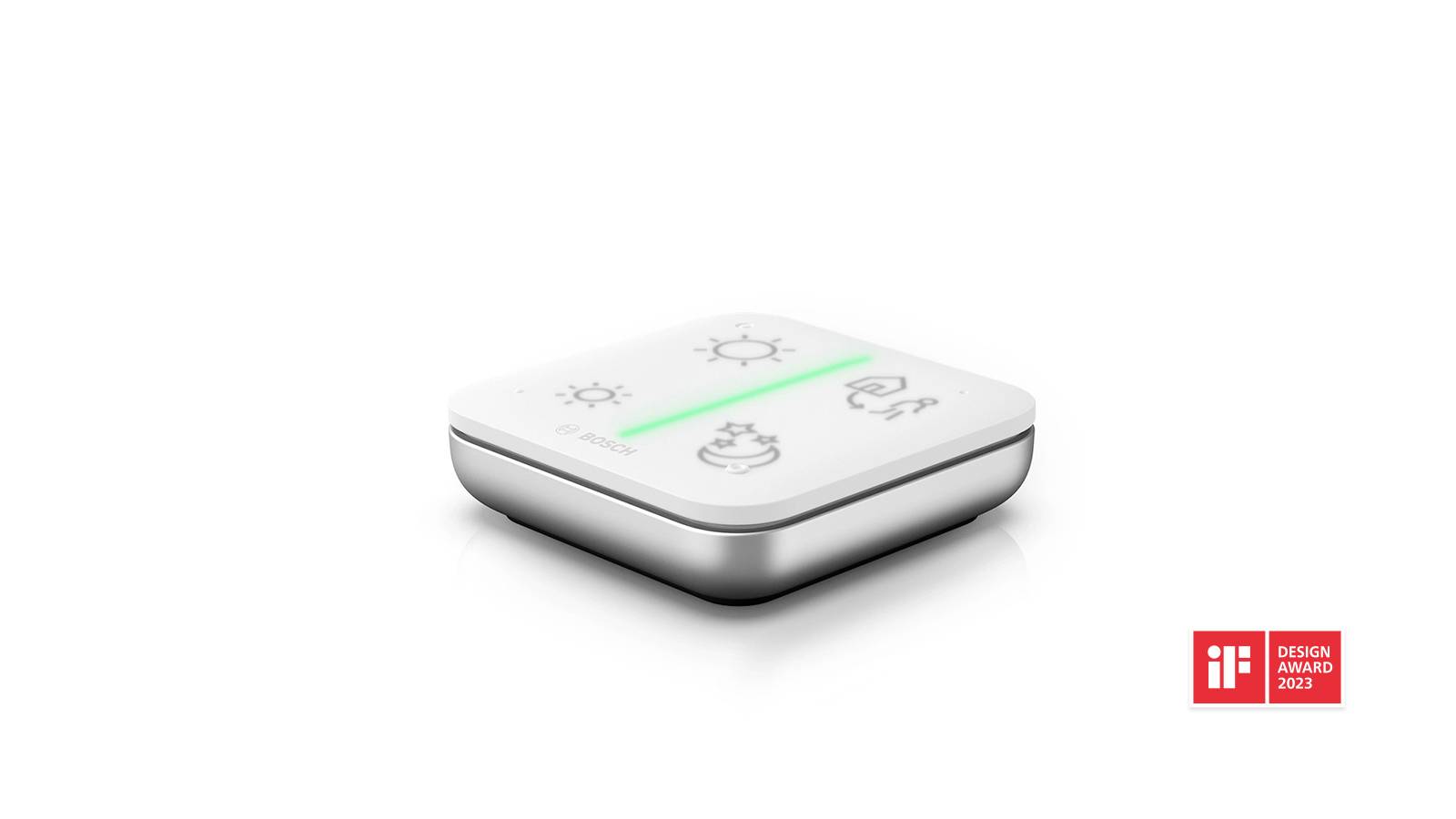 Un interrupteur carré et moderne avec des symboles de soleil, de pluie et de thermostat. Doté d'une bande lumineuse verte. Logo du "iF Design Award 2023" en bas à droite.