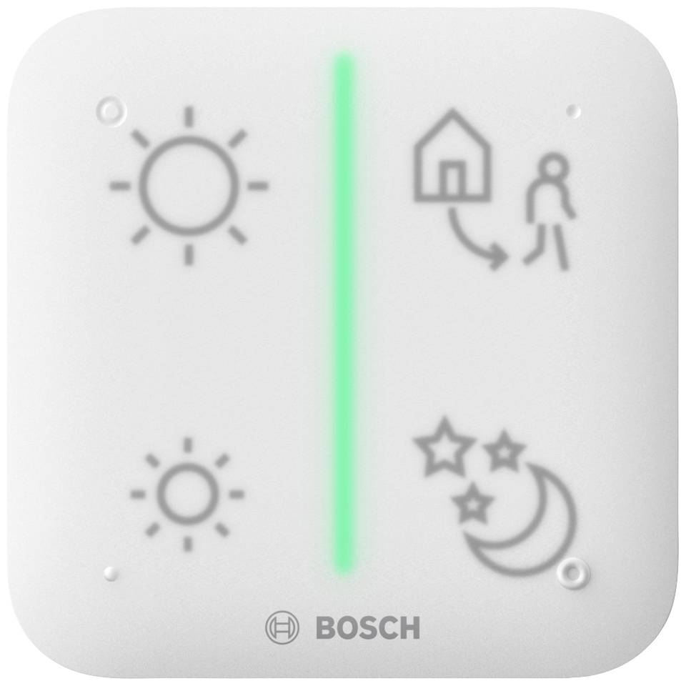 Panneau de commande blanc avec une bande verte. Symboles de soleil, maison avec une personne, croissant de lune et étoiles. Logo de marque en bas.