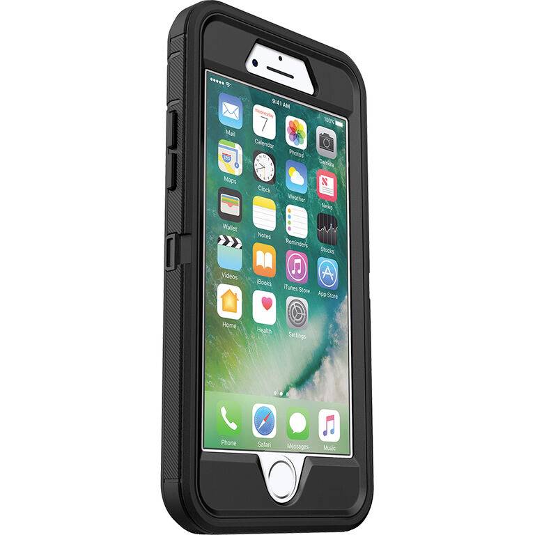 Smartphone noir avec un boîtier de protection robuste, affichant un écran de démarrage lumineux avec des icônes d'applications.