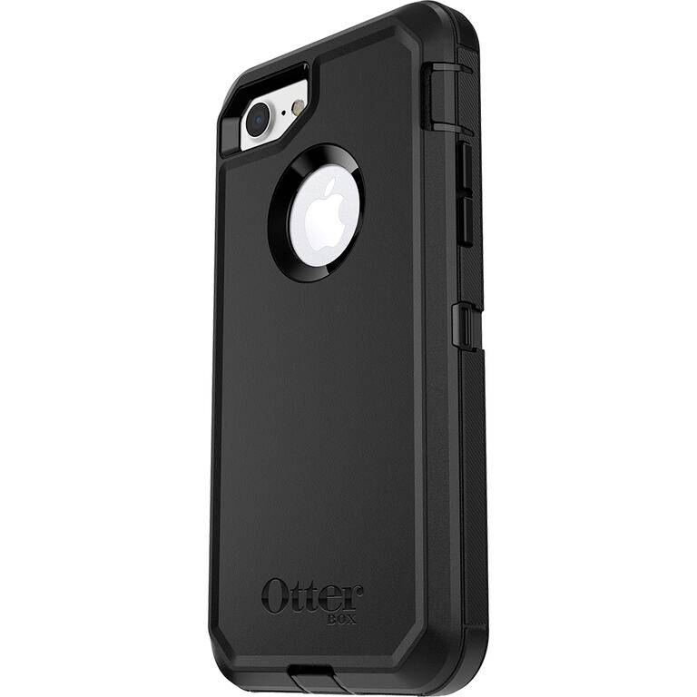 Étui de protection noir pour smartphone au design robuste, avec un trou rond à l'arrière permettant d'afficher le logo de l'appareil.