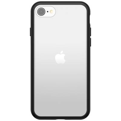 Un smartphone avec une coque de protection noire et le logo de la pomme visible au dos.