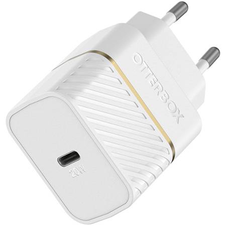 Un chargeur USB-C blanc avec l'inscription '20W', conçu pour un chargement efficace.
