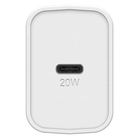 Adaptateur secteur blanc de 20W avec port USB-C, présenté de manière isolée.