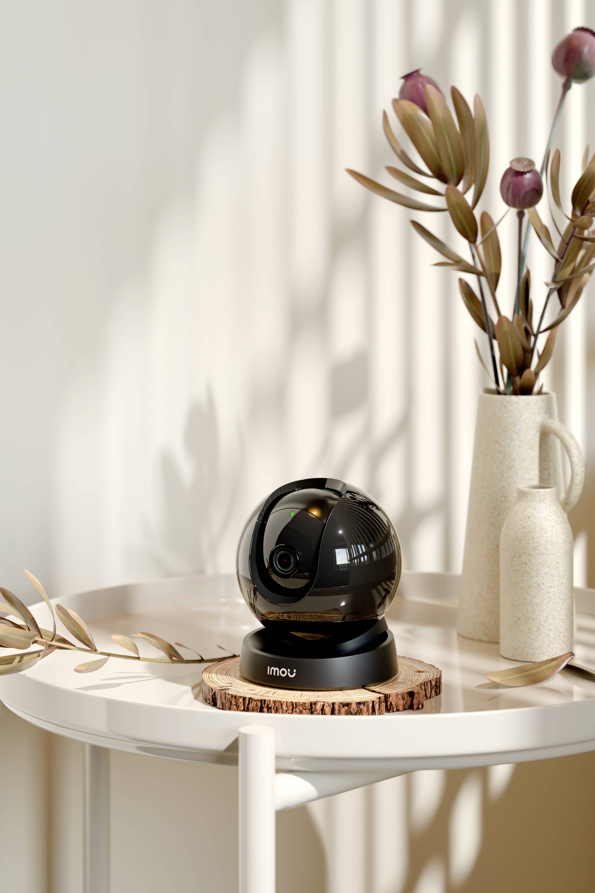 Caméra de surveillance noire posée sur une table, entourée de vases avec des plantes. La lumière projetée crée des motifs d'ombres.